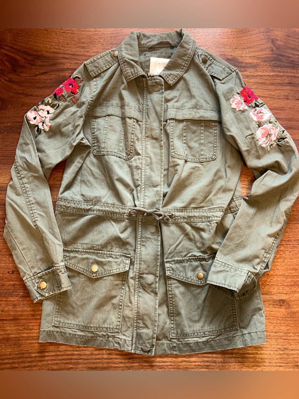 A New Day Army Green Military Utility Jacket Embroidered Flowers women's small